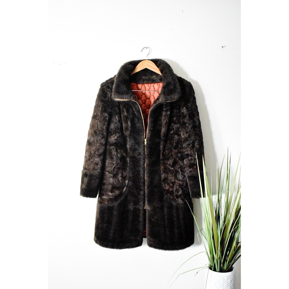 Betty Rose Faux Fur Coat Womens M Brown 60s Vintage Glenoit Quilted Lining Zip